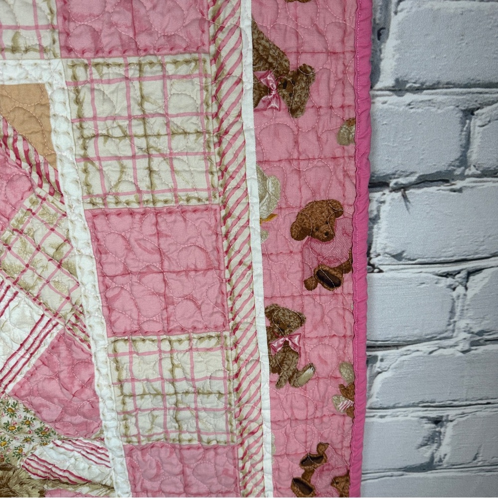 Teddy Bear Handmade Baby Quilt Crib Blanket 38”x43” Patchwork Pink White Nursery - Picture 3 of 8